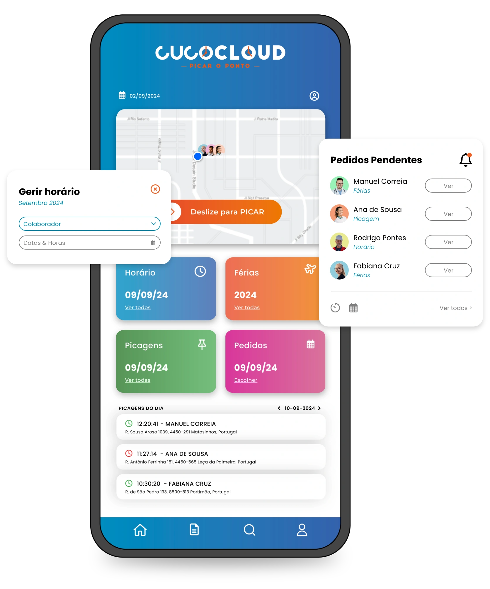 Aplicação CucoCloud a mostrar o mapa de picagens e pedidos pendentes